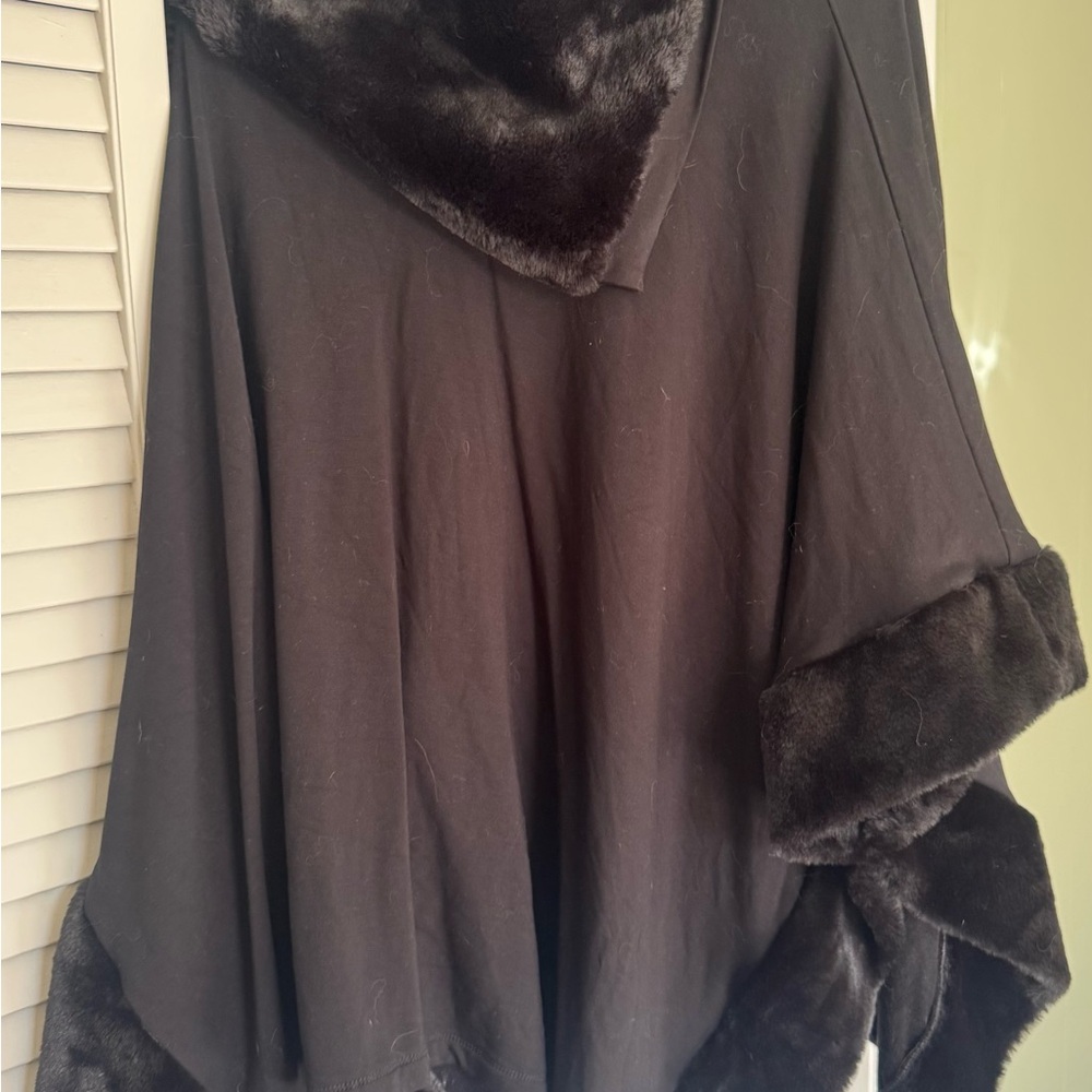 Saks Fifth Avenue Black Poncho with Faux Fur Trim